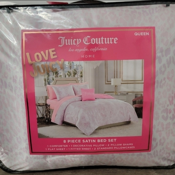 Juicy Couture QUEEN Pink Leopard Satin 8 Piece Comforter and Sheets Set - Picture 5 of 6